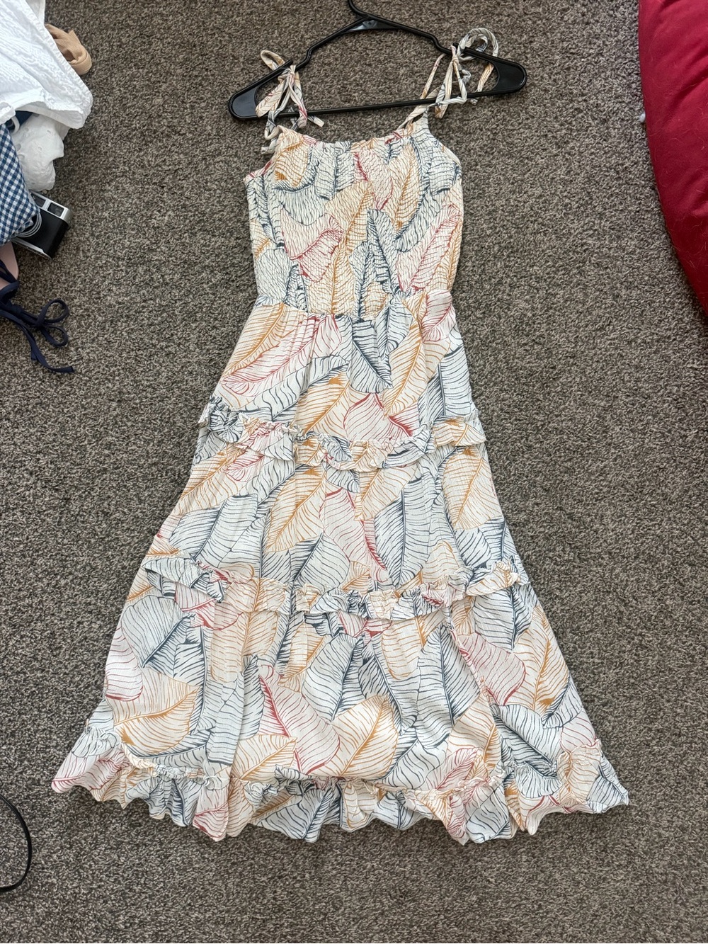 Sleeveless Tiered Midi Dress with Leaf Print in Cream and Multicolor